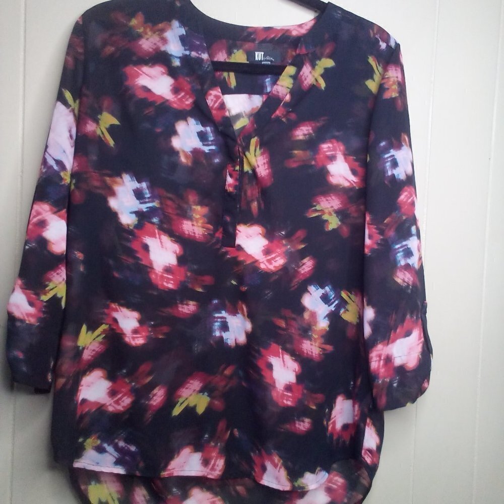 Kut From The Kloth Blouse S 3/4 Sleeve Sheer Floral Black Red